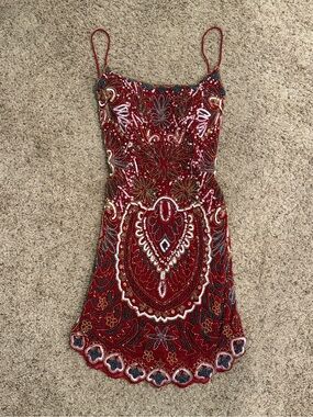 Rachel Allan Size 0p Dark Red Beaded Spaghetti-Strap Mini Dress